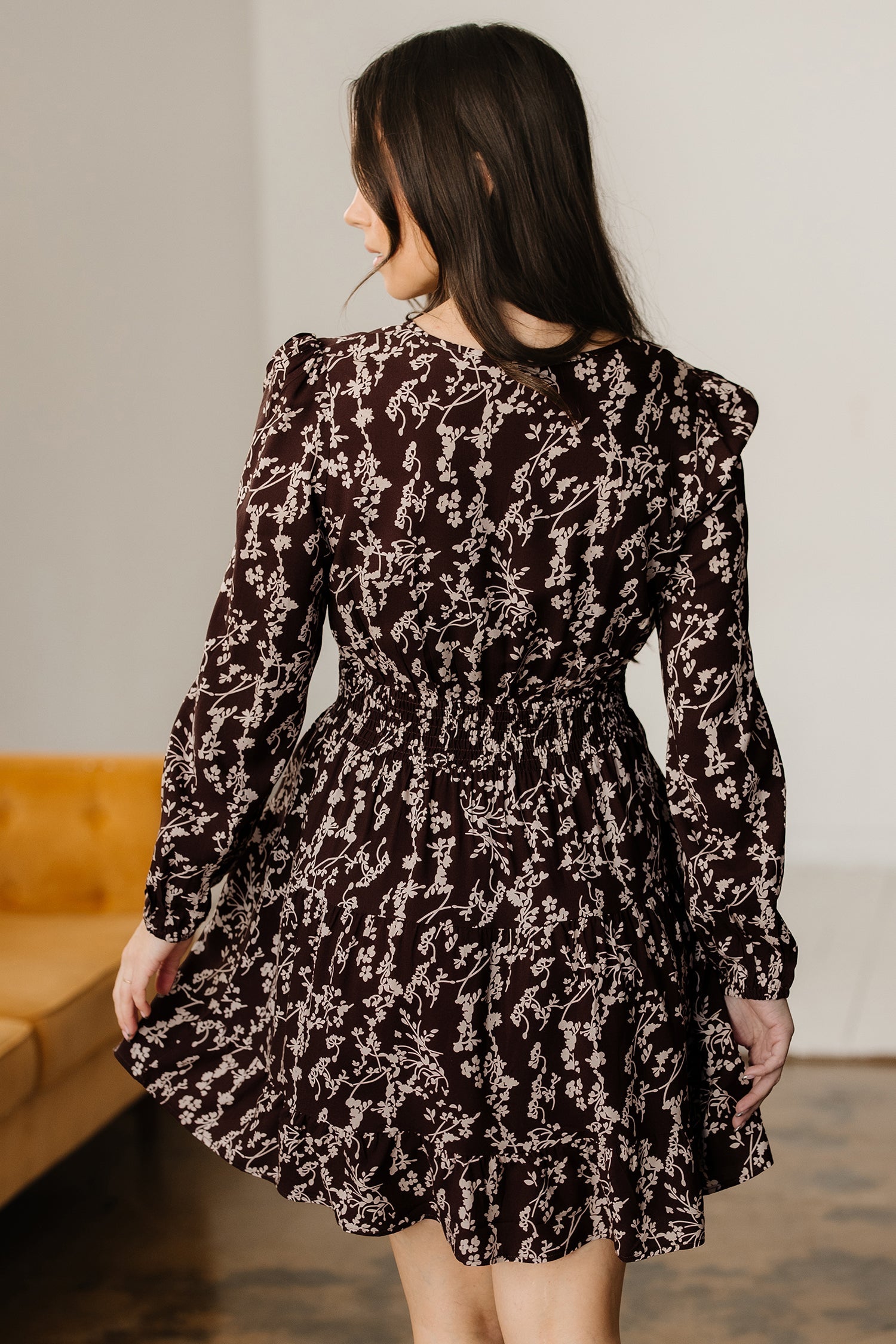 Split Ditsy Floral-Print Neck Long-Sleeved Shirred Waist Flared Mini Dress