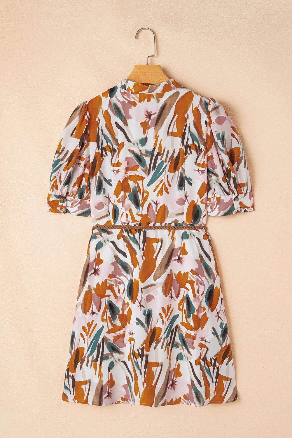 Abstract Printed Button Up Braided Belt Mini Dress