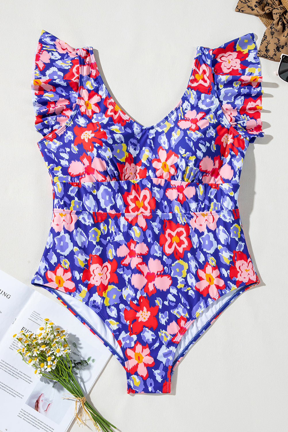 Floral Print Ruffled High Waist One Piece Swimwear