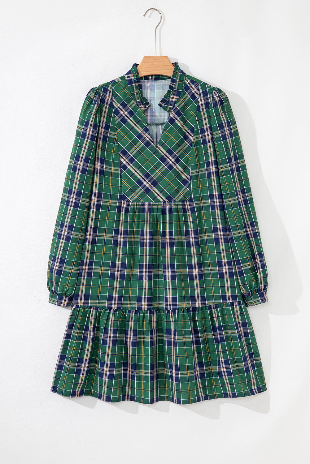 Print Frilly Plaid Frilly Collar Long-Sleeved Shift Mini Dress