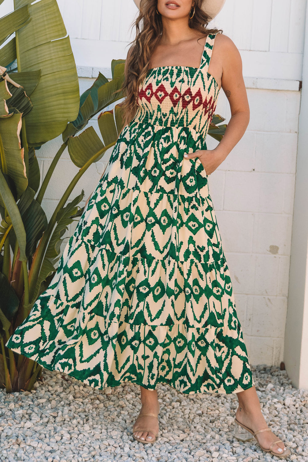 Western Aztec Shirred A-line Sleeveless Maxi Dress