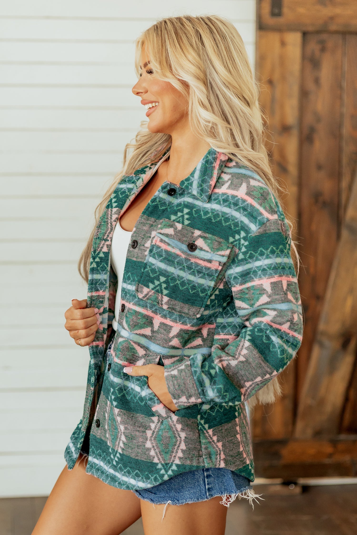 Geometric Print Button Front Long-Sleeved Shacket in Green