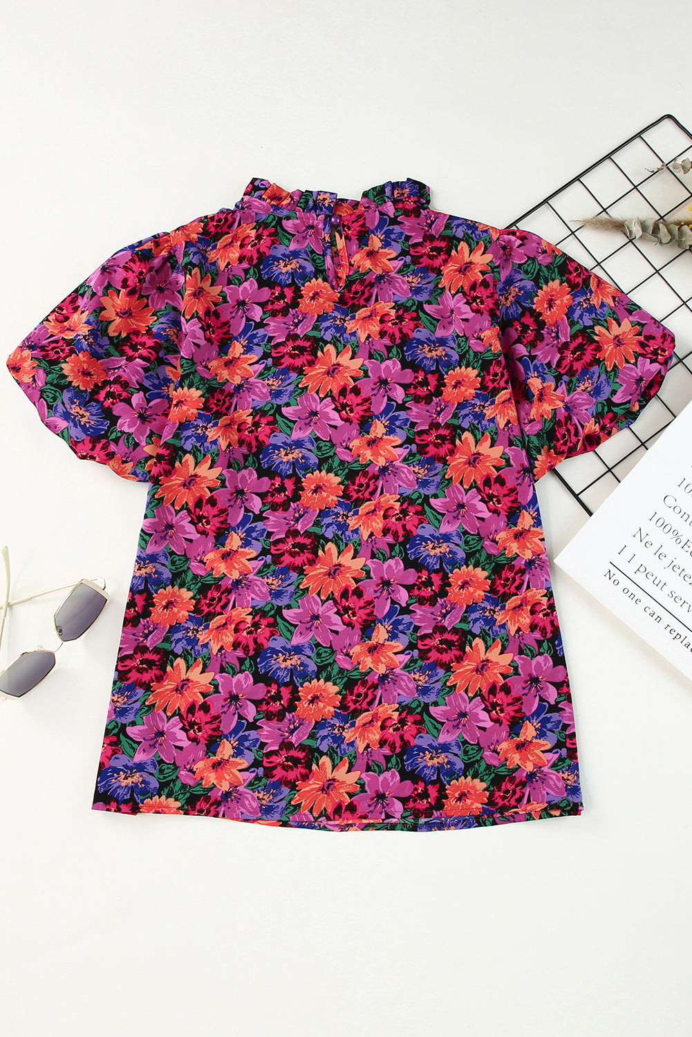 Women's Blouse with Floral-Print Round Neck Balloon Sleeve