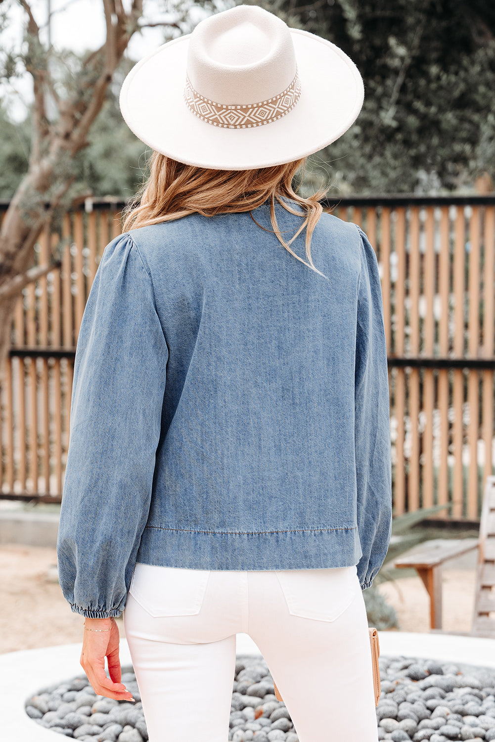 Tied Puff Front Long Sleeve Denim Top