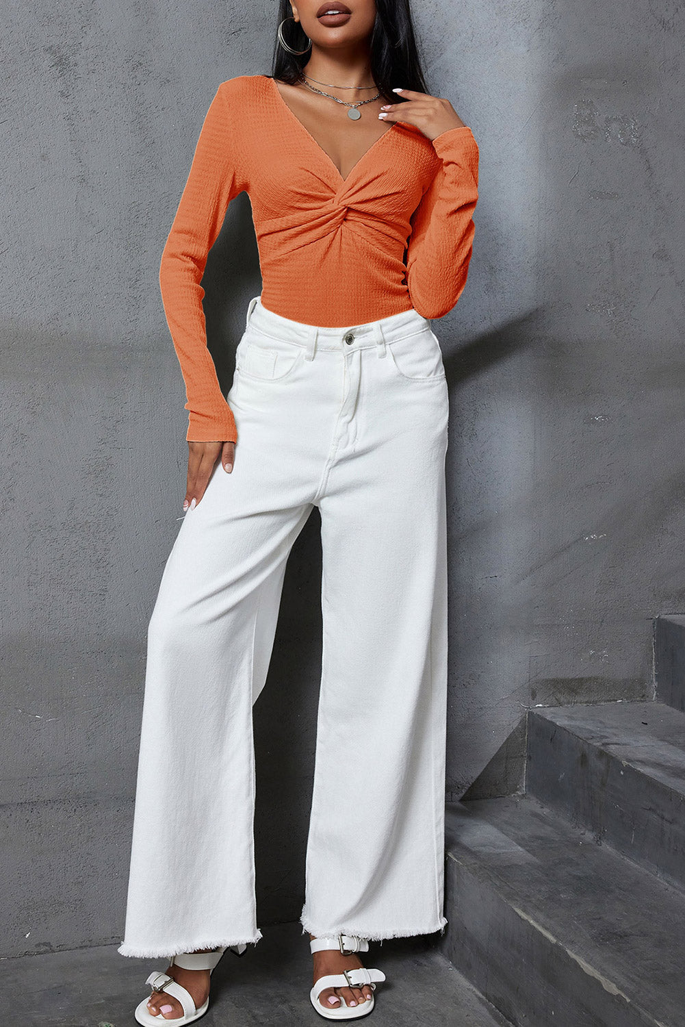 Front Textured Twist V-Neck Long-Sleeved Slim Solid Top in Orange