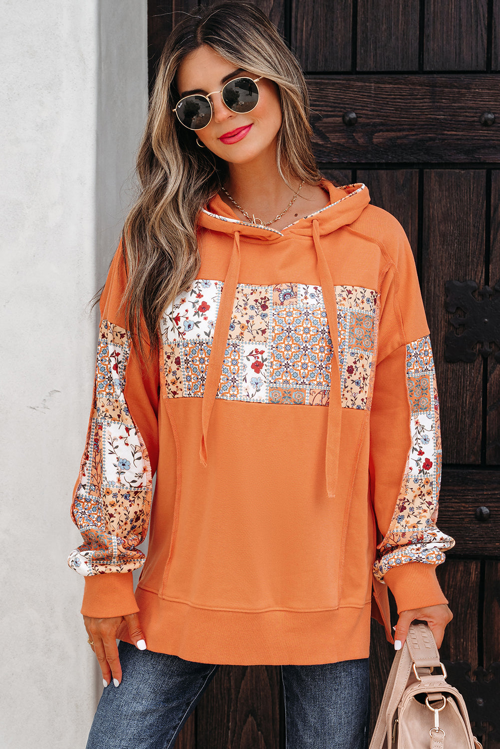 Patchwork Mix Floral Side Slit Drawcord Hoodie