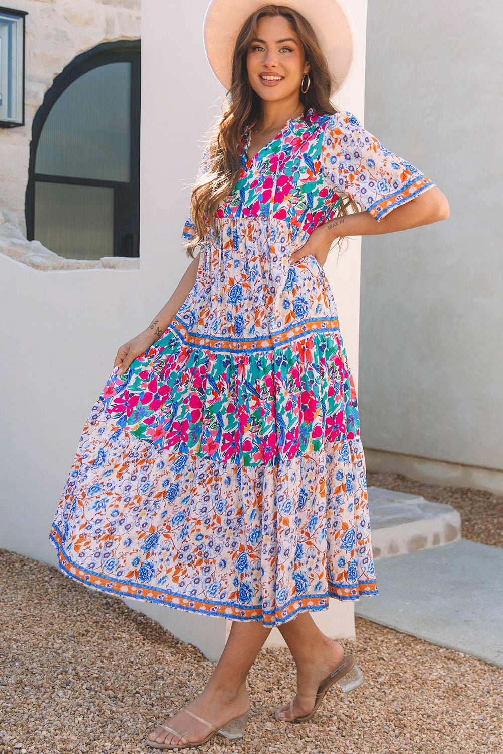 Mixed Floral Print Tie Split Neck Short Sleeve Dress