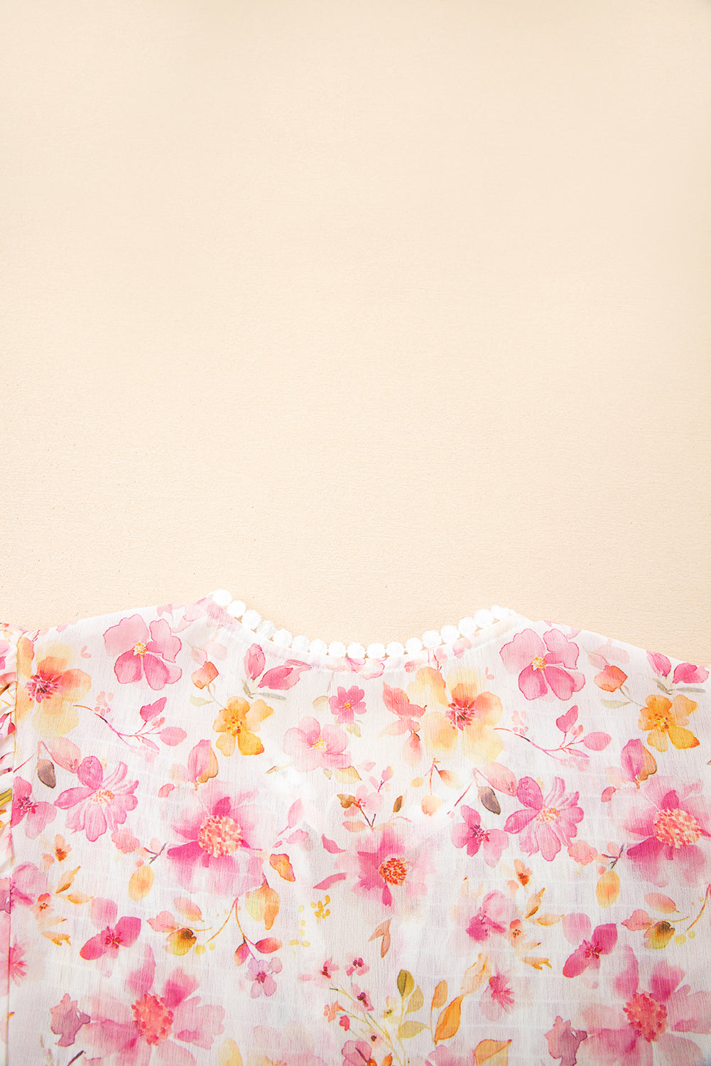 Floral-Print Smocked Tassel Tie V-Neck Puff Sleeve Tunic Blouse