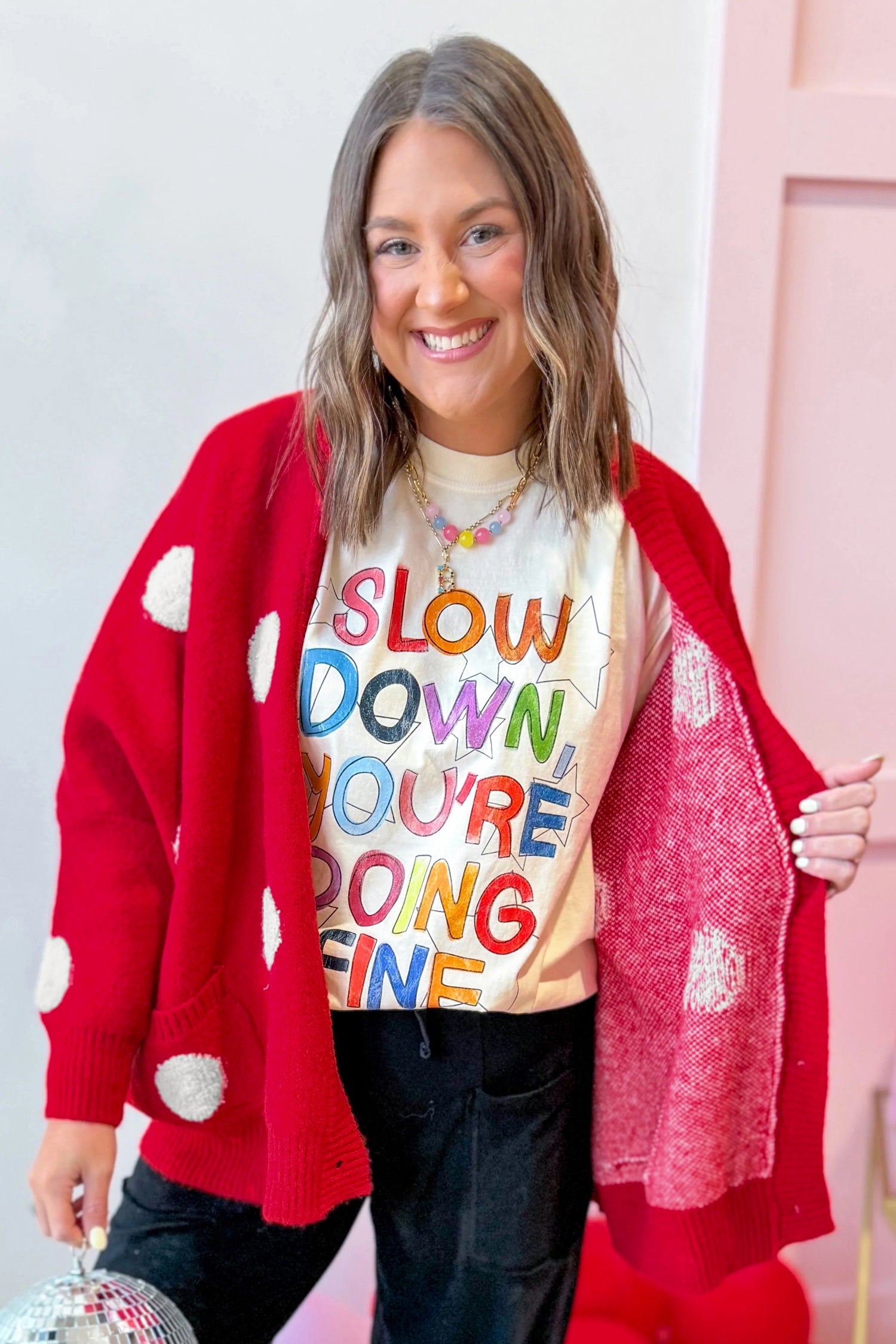 Front Polka-Dot Button Roomy V-Neck Cardigan in Red
