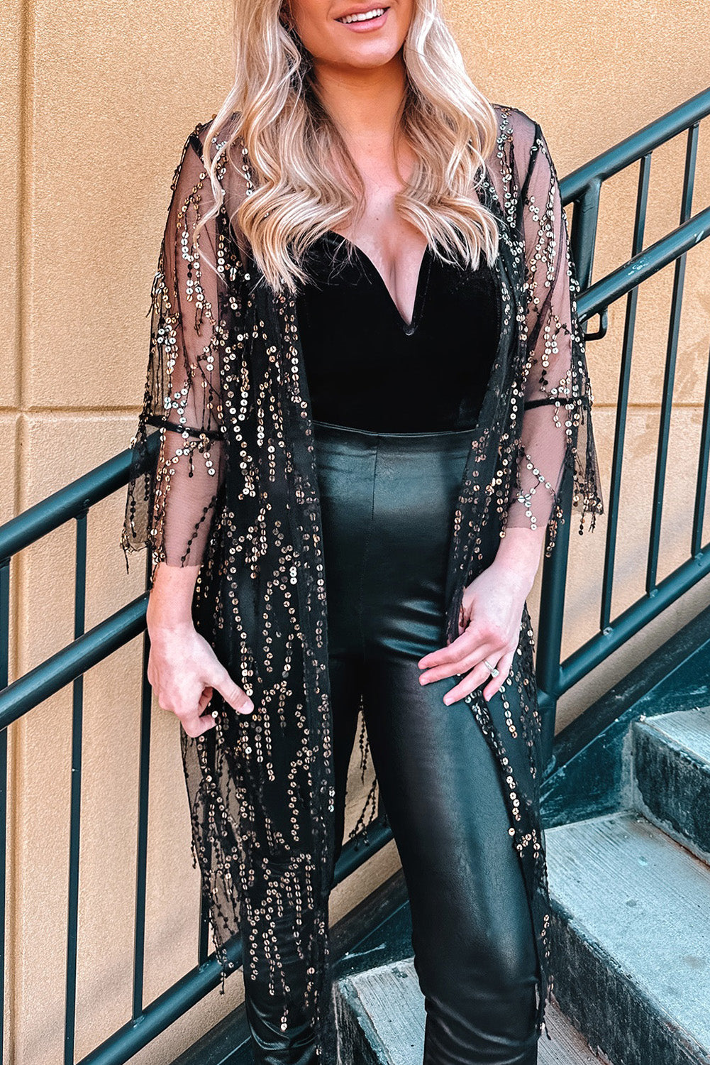 Women's Kimono with Open Front Sequin Semi-Sheer Long-Sleeve