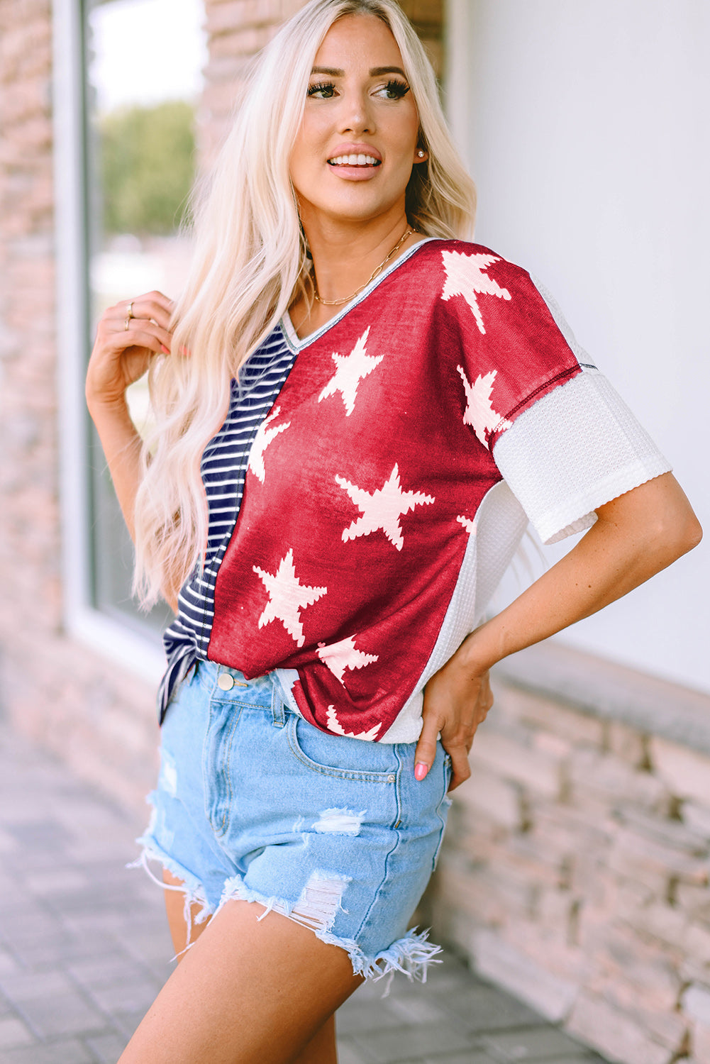 Women's Knit Top Featuring Stripes Stars Print
