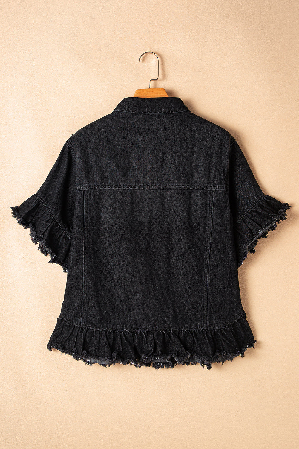 Ruffled Raw Edge Short-Sleeved Denim Jacket in Black