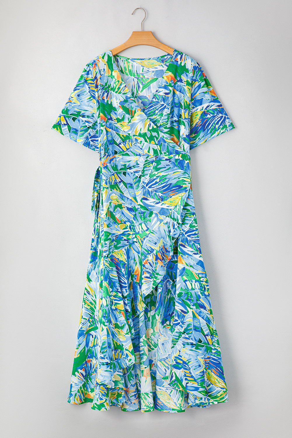 Leaves Print Ruffled Trim Plus Size Maxi Dress