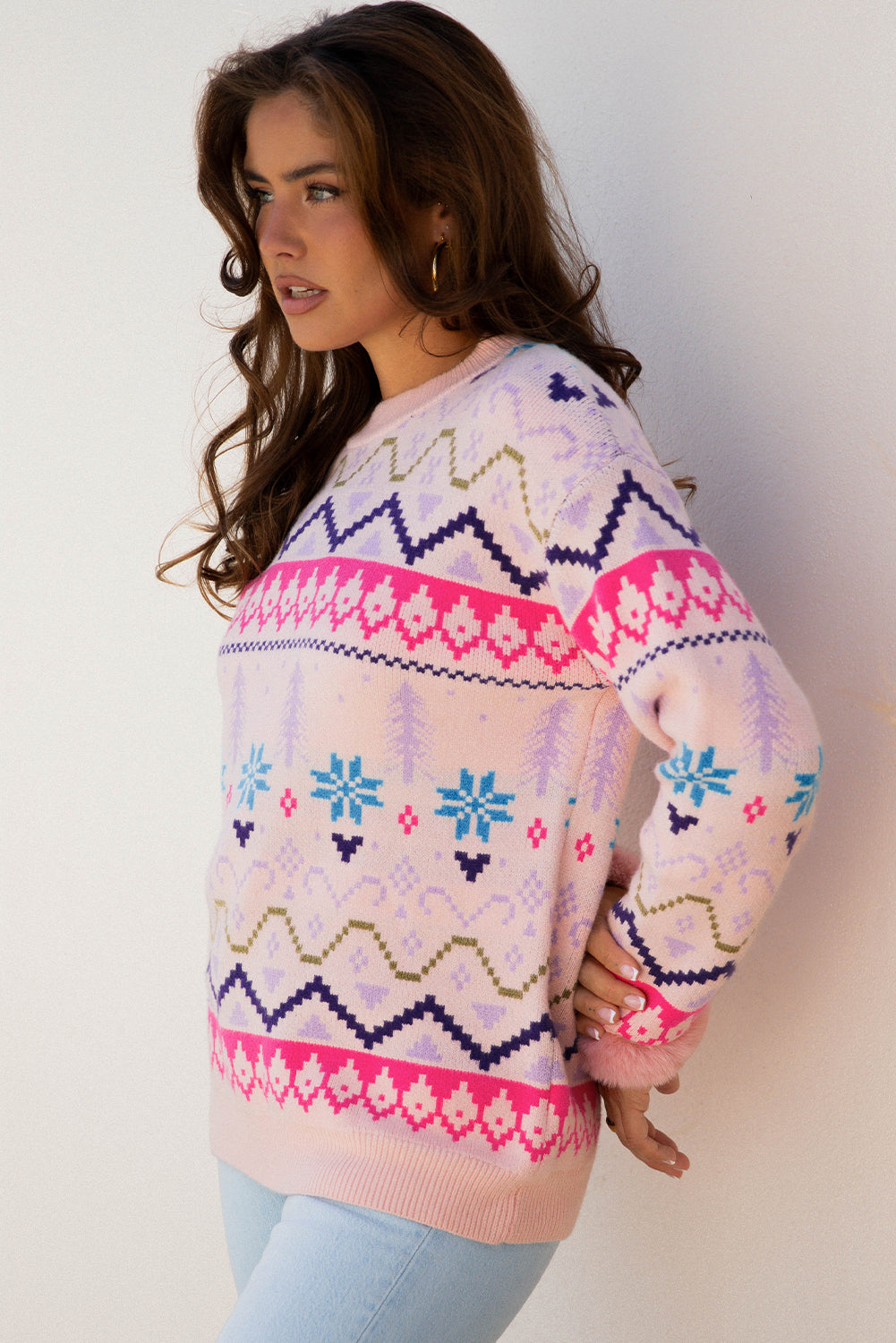 Ethnic Christmas Pattern Knit Feather Cuffed Knit Top