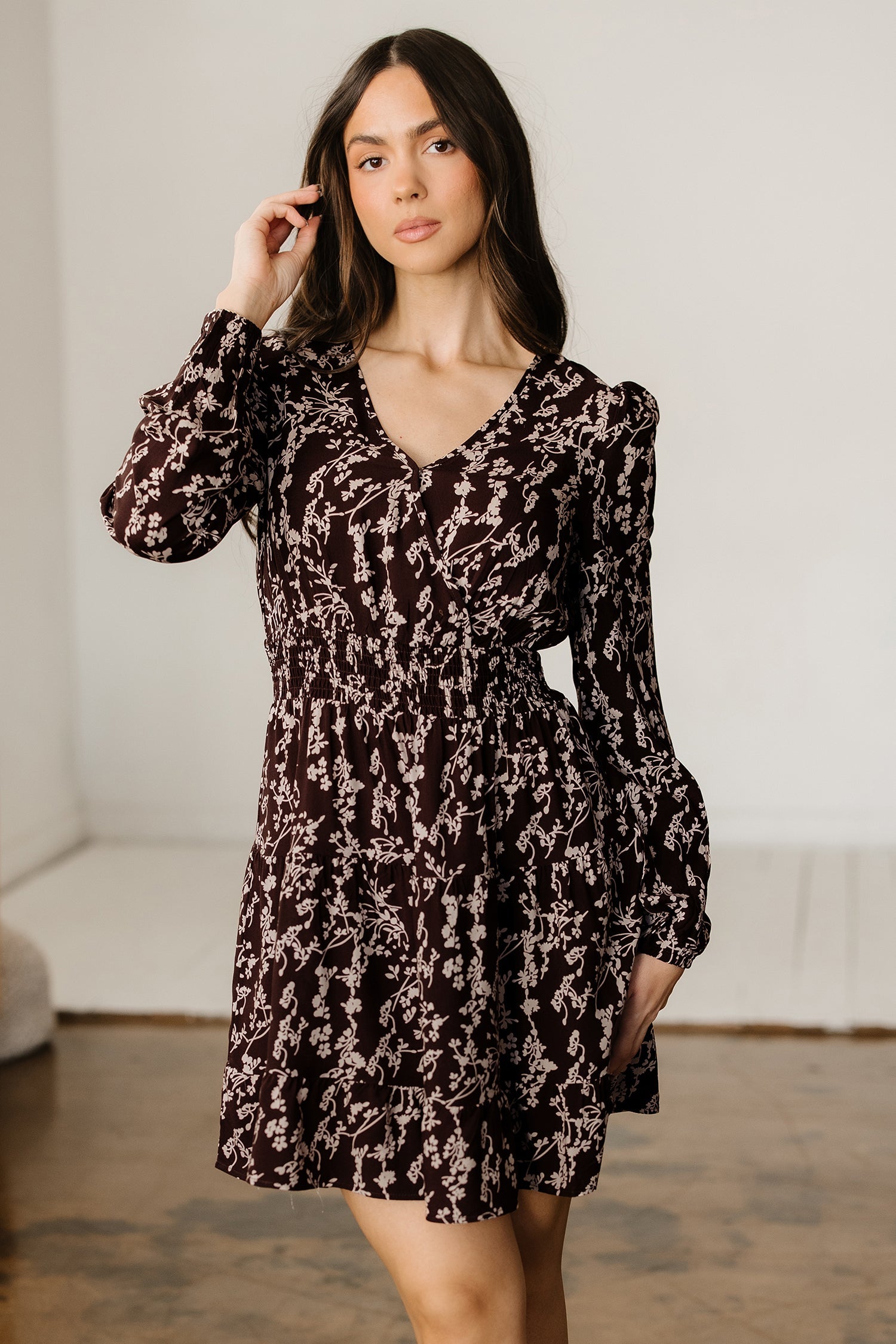 Split Ditsy Floral-Print Neck Long-Sleeved Shirred Waist Flared Mini Dress