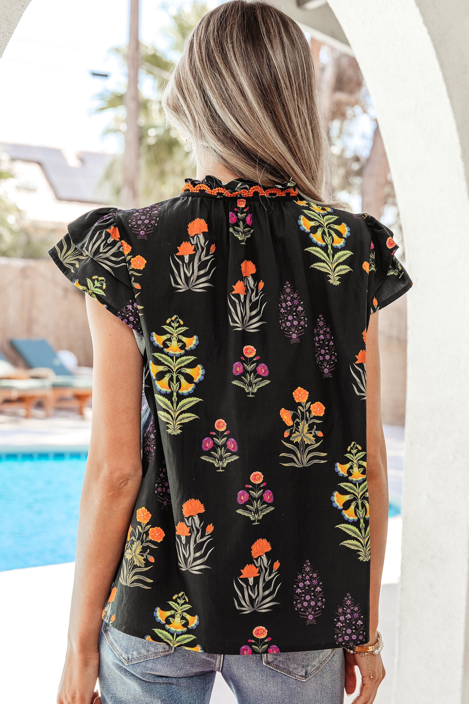 Lace Trim Floral-Print Trim Frilled Short-Sleeved Shirt