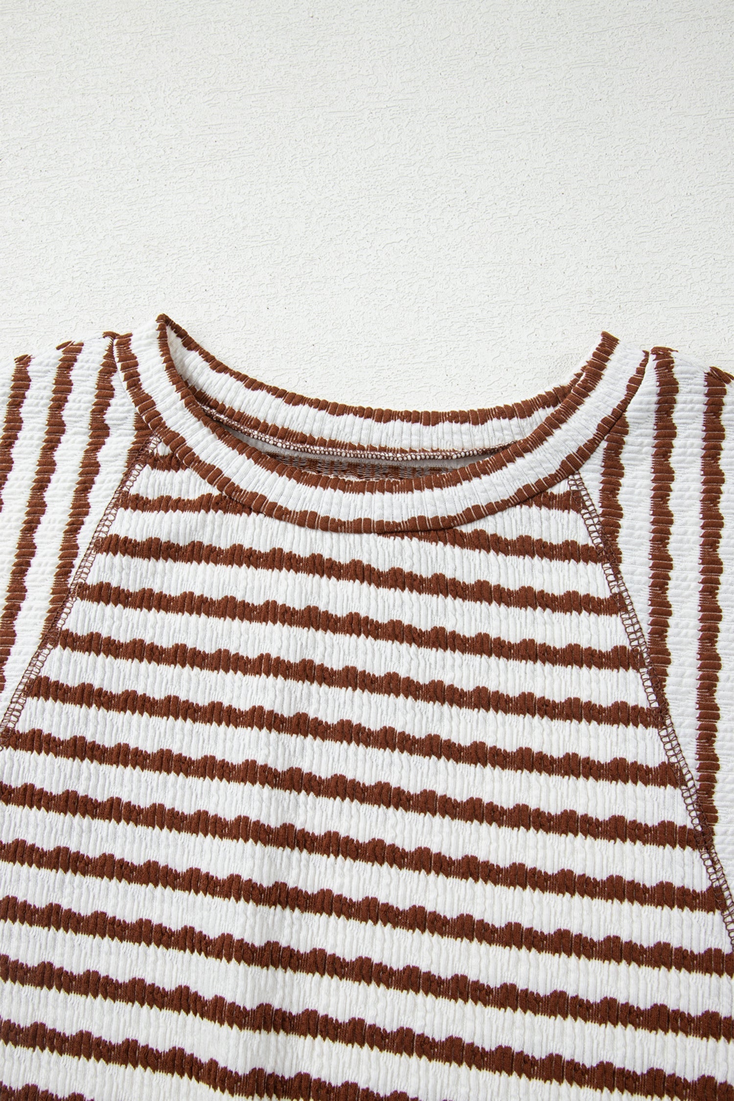 Stripe Textured Knit Split Hem Half Sleeve Loose Top in Brown
