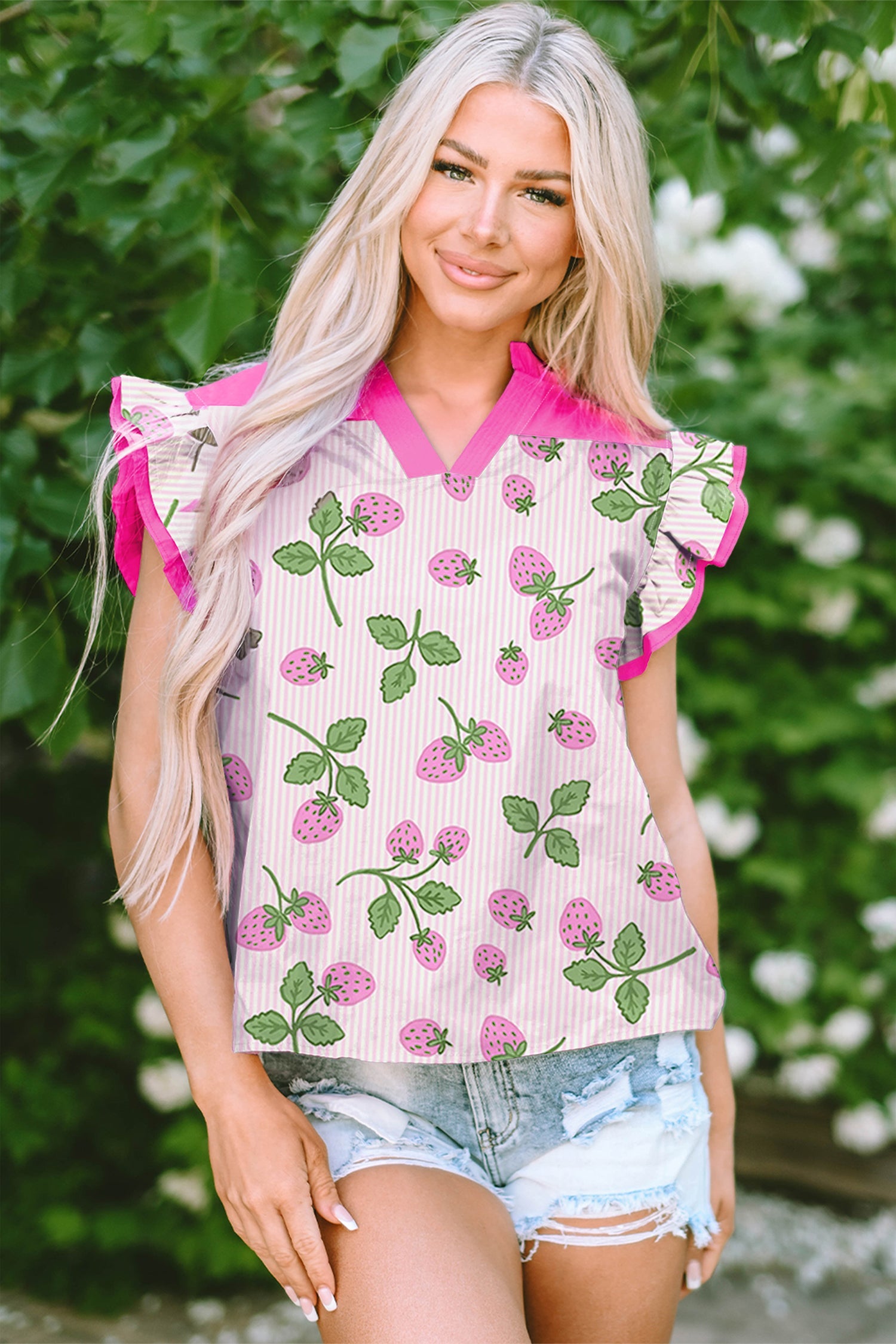 Printed Striped Strawberry Colorblock Patchwork V-Neck Flutter Sleeve Blouse