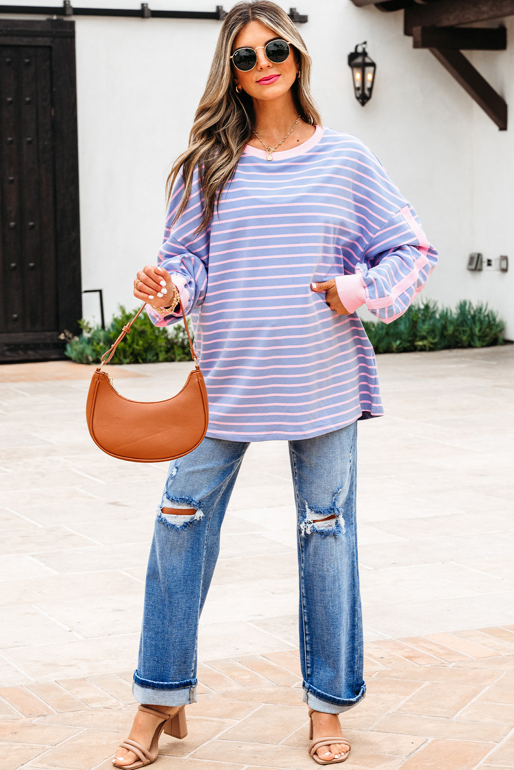 Stripe Trim Oversize Contrast Cotton Everyday Top in Sky Blue