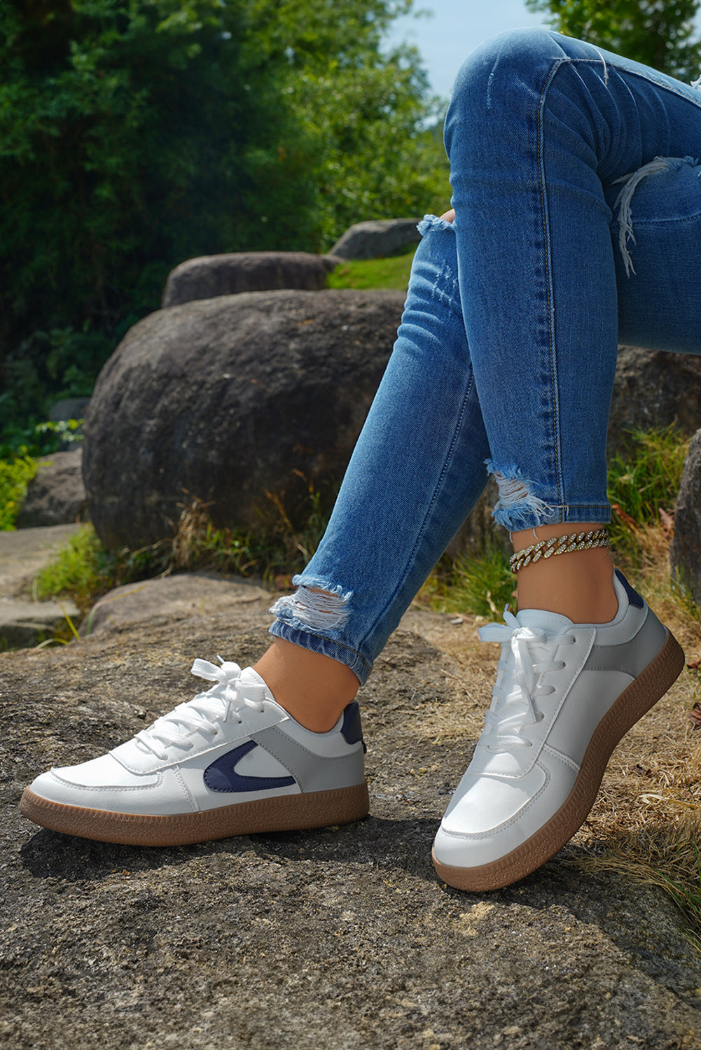 Color Contrast PU Leather Lace-up Sneakers Style