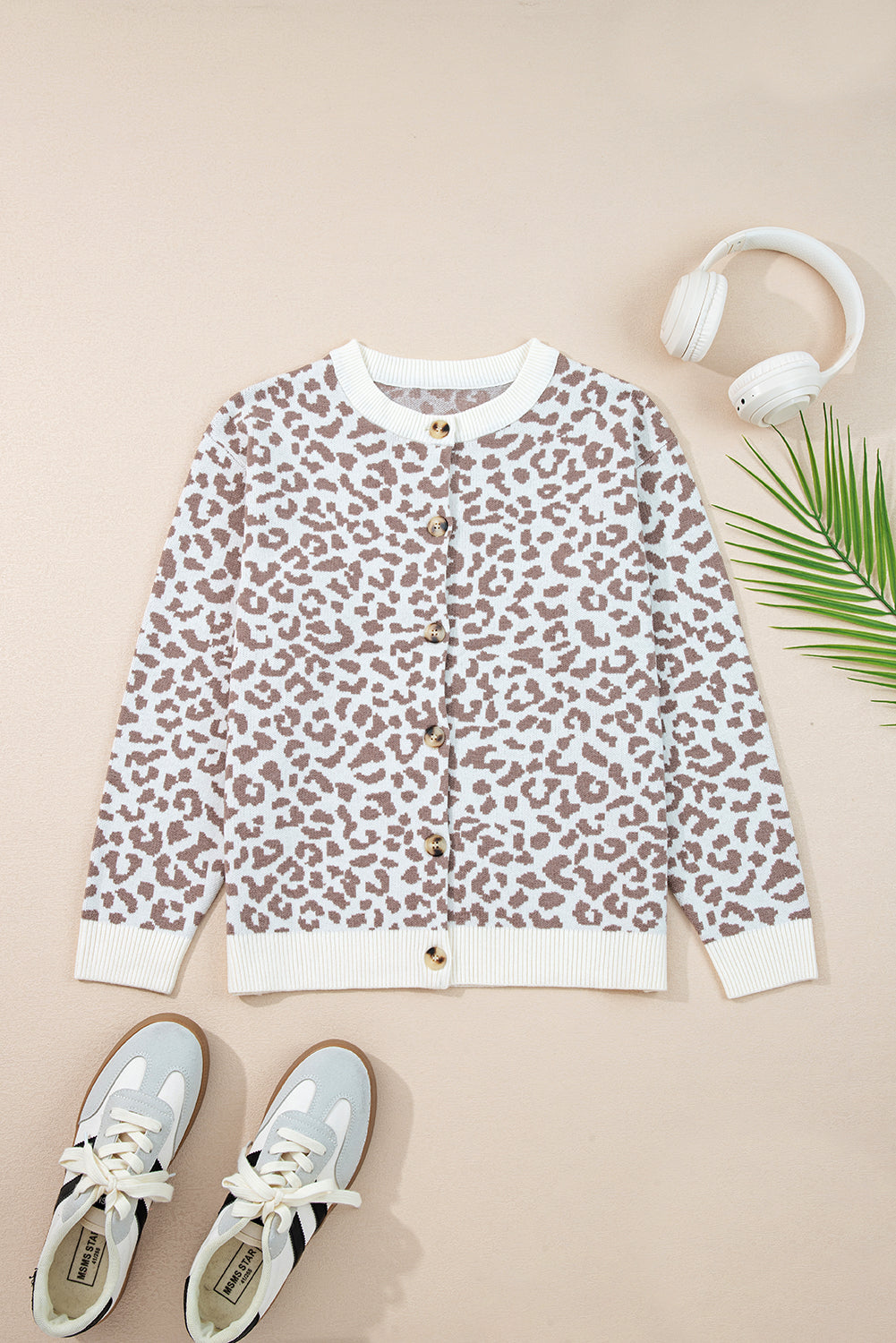 Chunky Leopard Drop-Shoulder Knit Cardigan Knit Top