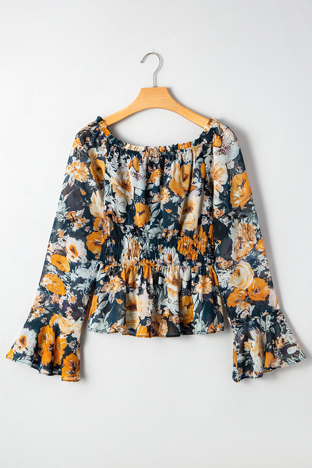 Floral Off Shoulder Bell Sleeve Smocked Peplum Top