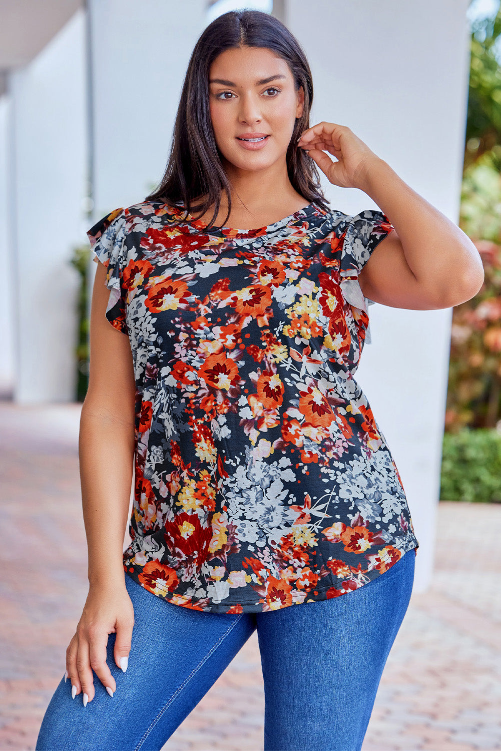 Women's Top with Flutter Sleeve Plus Vintage Floral-Print
