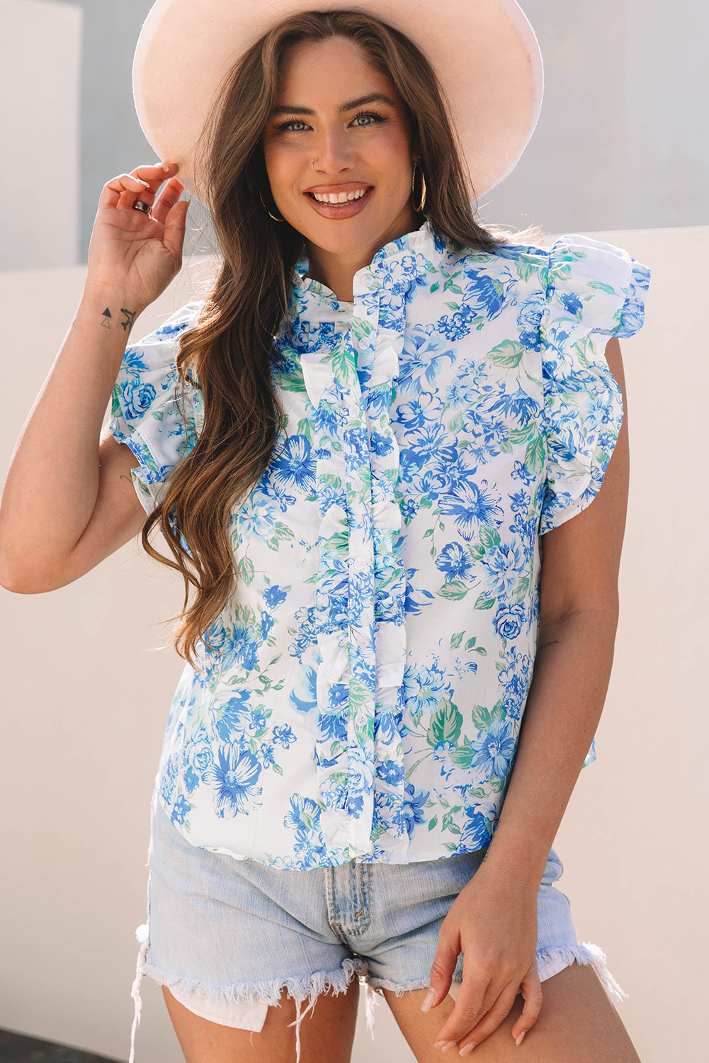 Blue Floral Print Ruffle Sleeve Frilly Button Up Shirt