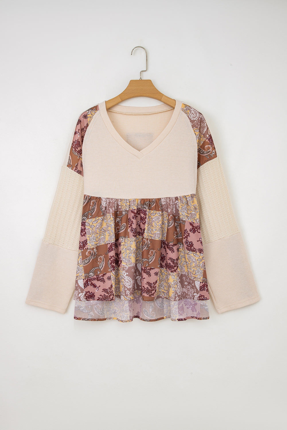 Paisley Contrast Ethnic Print Patchwork Long-Sleeved Loose Top