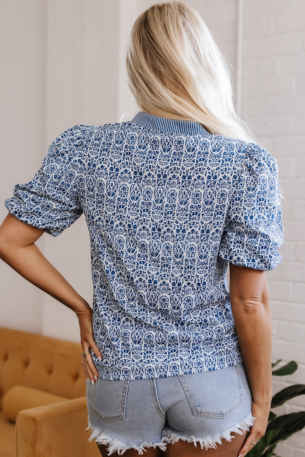 Floral Striped Print Contrast Ric-rac Puff Sleeve Top
