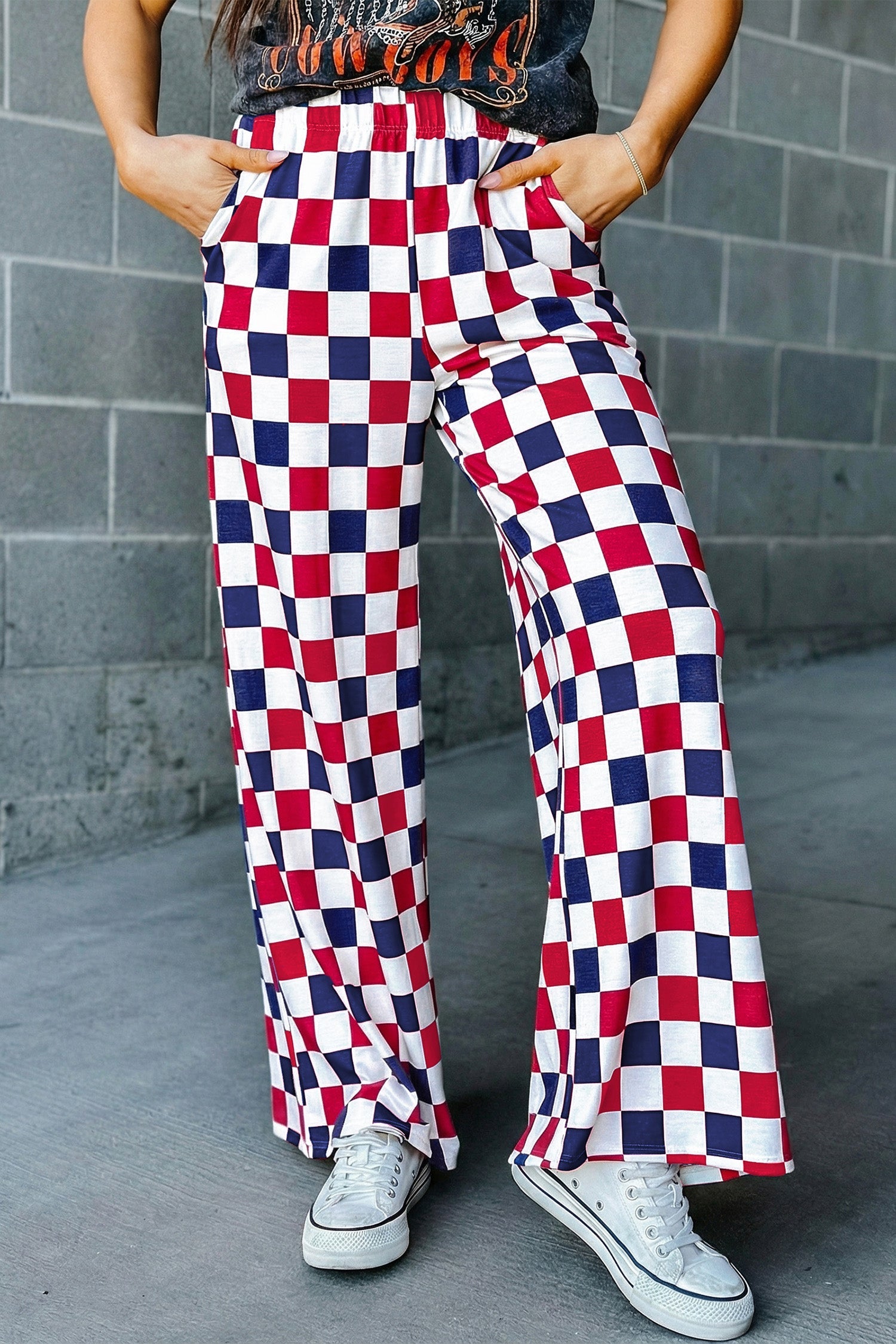 2-Tone High-Waisted Checked Print Wide-Leg Pants in Red