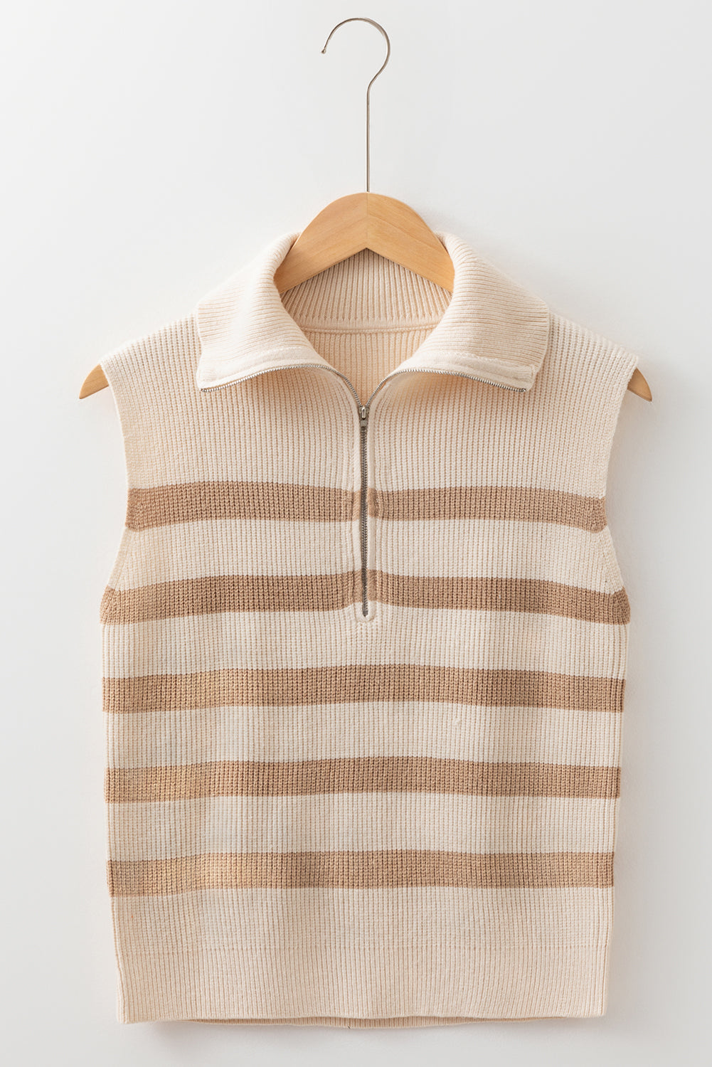 Stripe Zip Rib-Knit Half Collared Knit Top Vest in Khaki