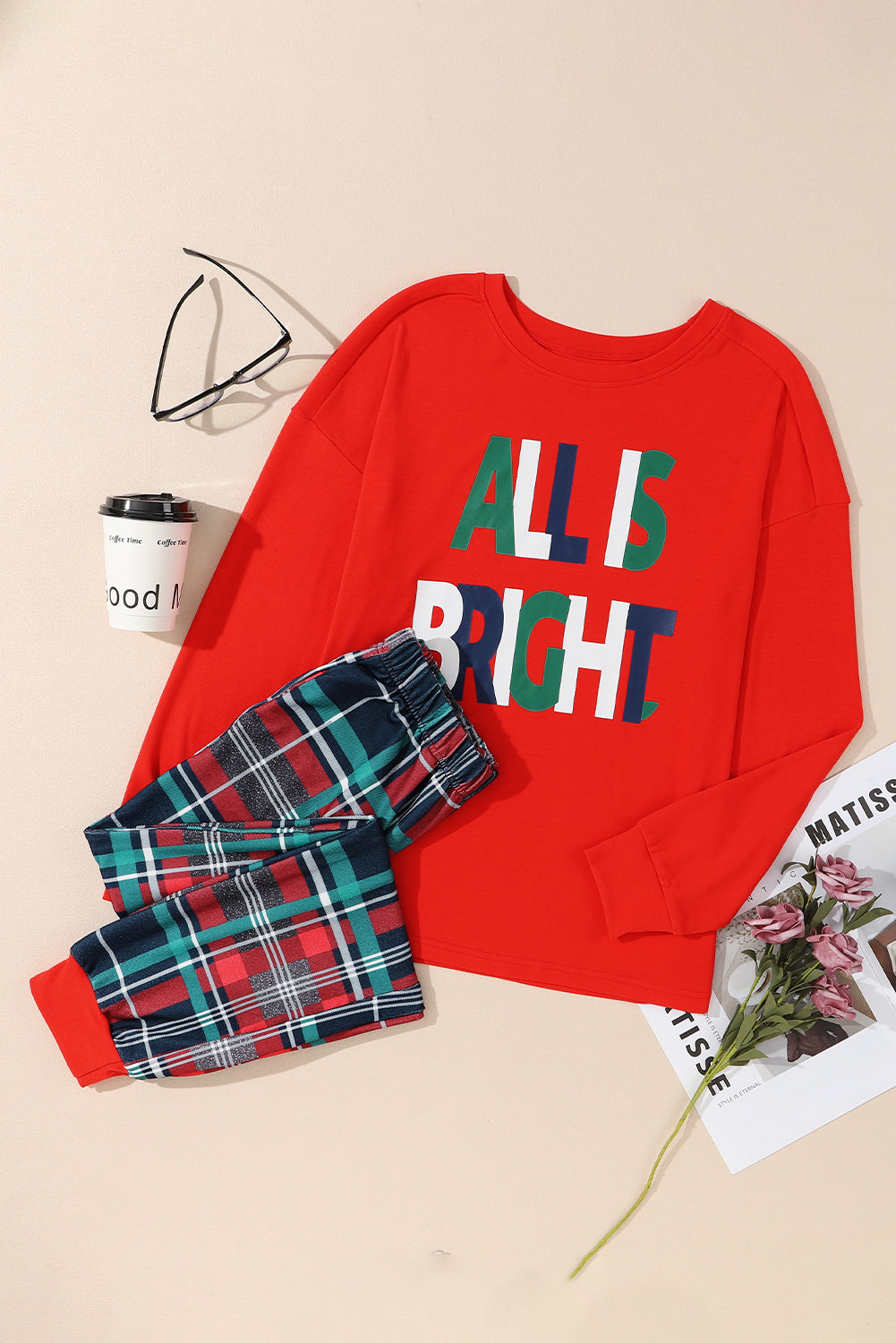 ALL IS BRIGHT Graphic Christmas Plaid Pajamas Set
