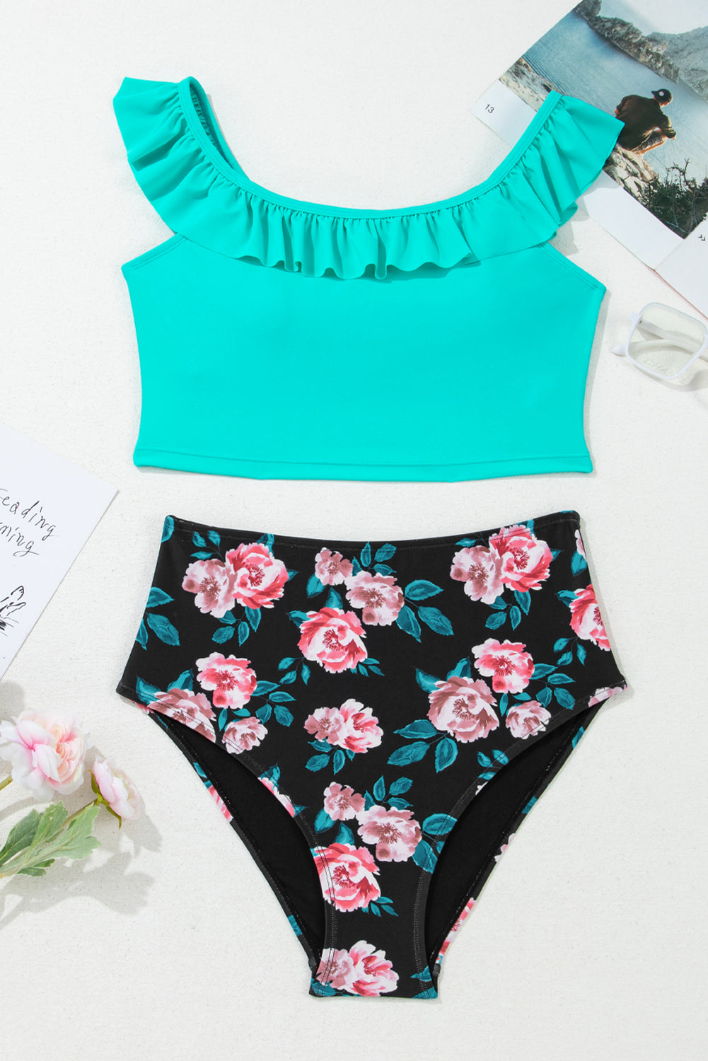 Solid Sea Green Ruffled Square Neck Swim Top and Floral Shorts Bikini Set
