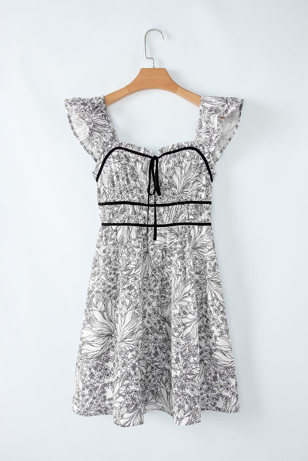 Floral Print Pipping Trim Flutter Sleeve Mini Dress