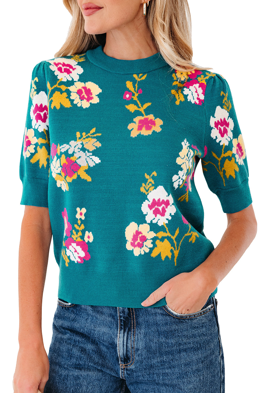 Pattern Mock-Neck Flower Mock-Neck Short-Sleeved Knit T Shirt