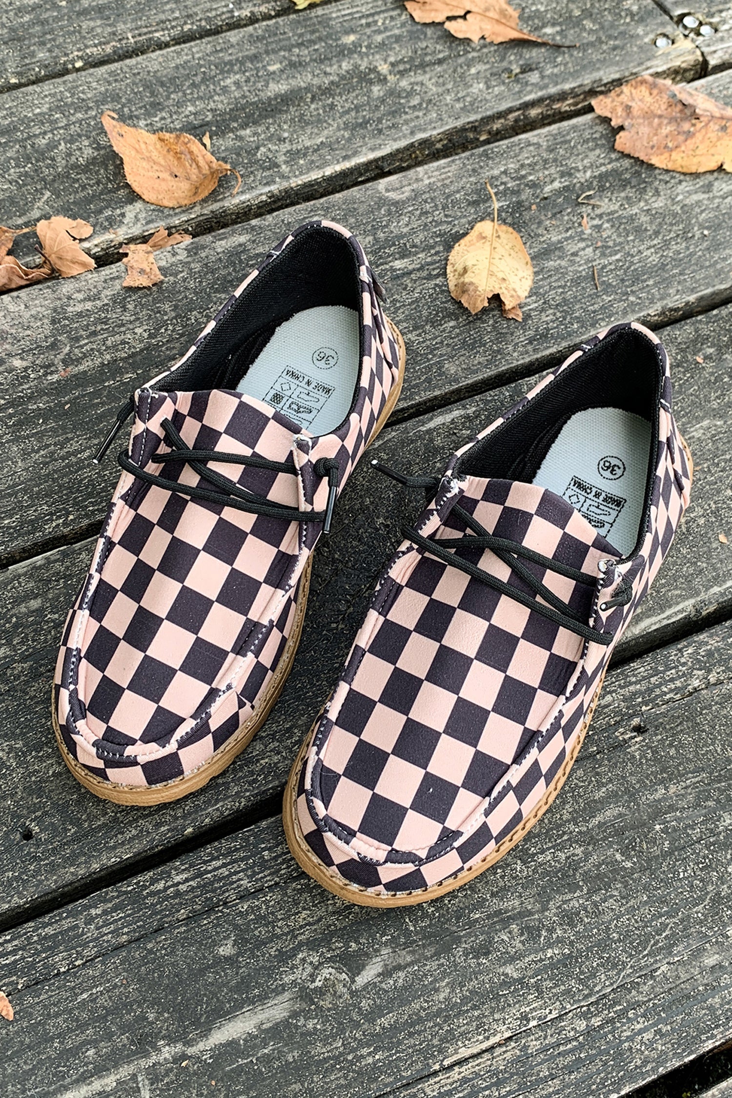 Checkered Leather Print PU Lace Up Detail Flat Shoes