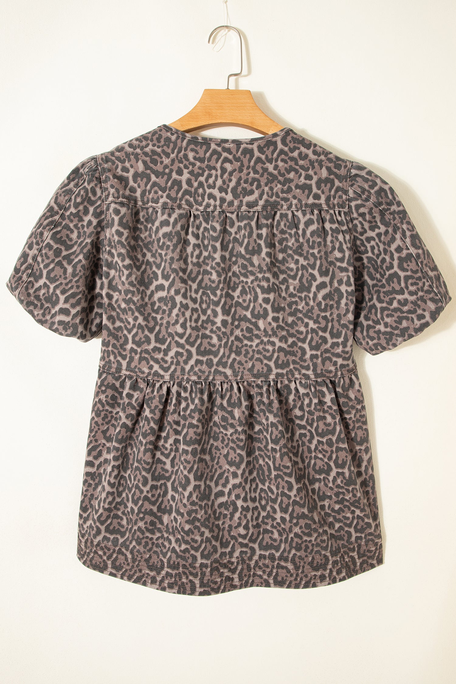 Leopard Tie Neck Short Puff Sleeve Denim Babydoll Top in Brown