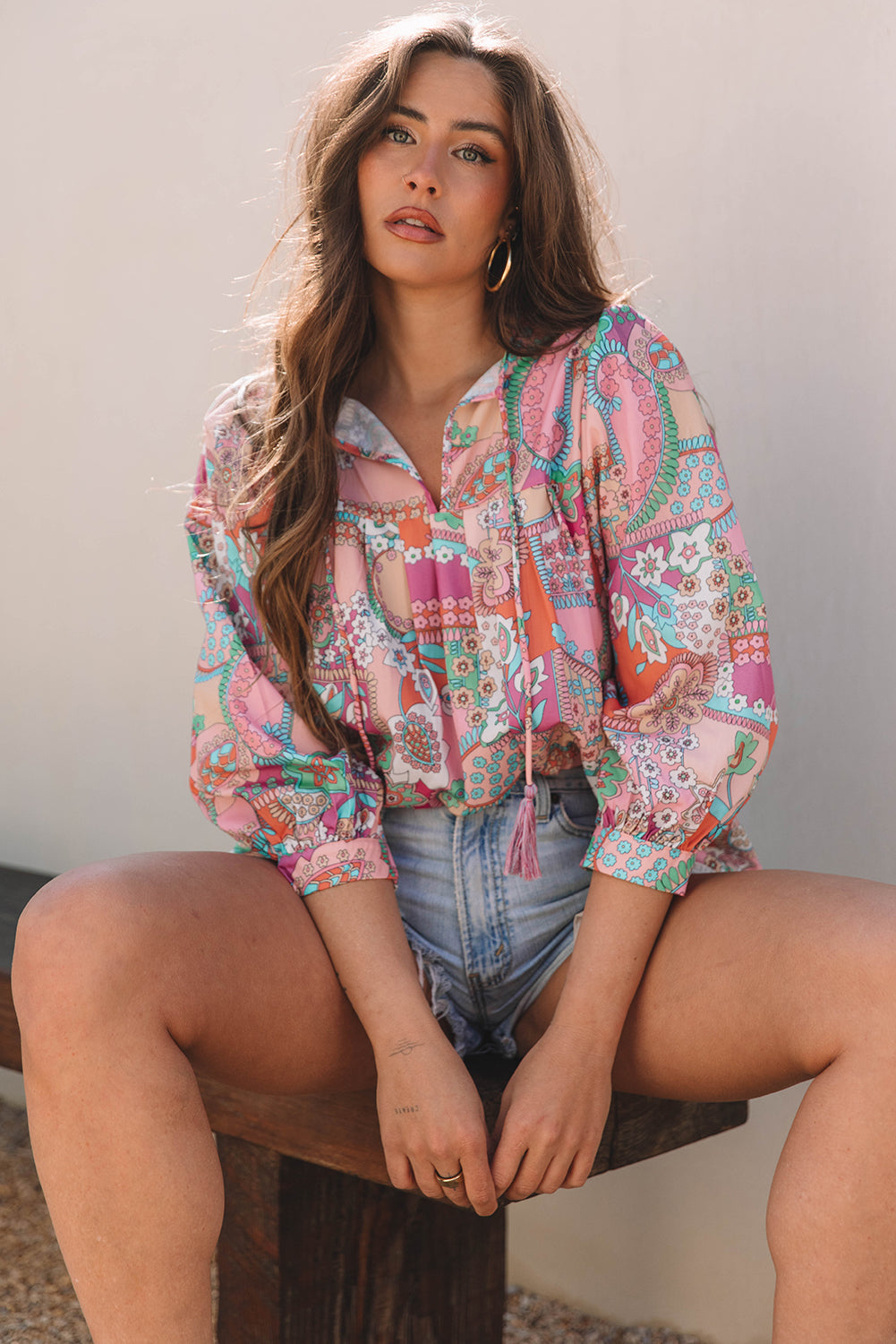 Floral Bubble Boho Bubble Sleeve Tassel Tied Neck Pleated Blouse