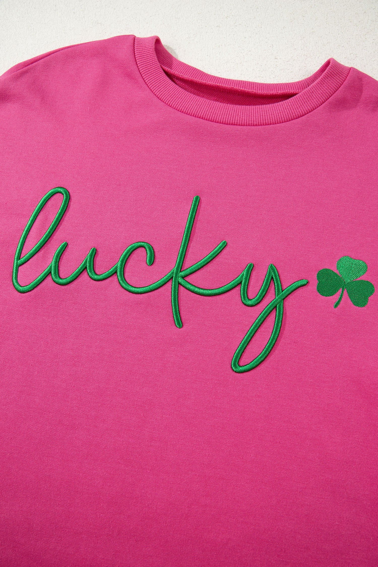Embroidered Lucky Clover Loose Pullover Sweatshirt in Rose Red