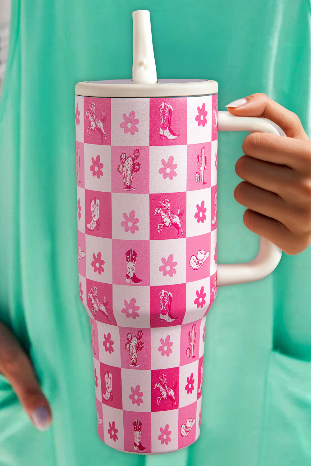 Western Checkered Pattern Flower Print Insulated Tumbler 40OZ