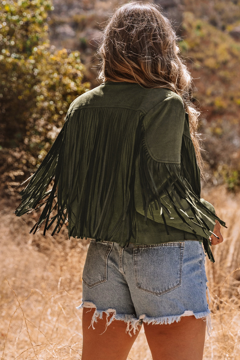 Fringe Faux Cropped Faux Suede Jacket in Green