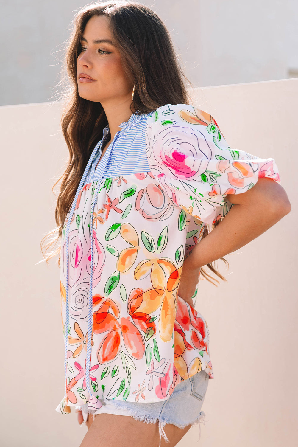 Floral Print Striped Yoke Frilled V Neck Blouse