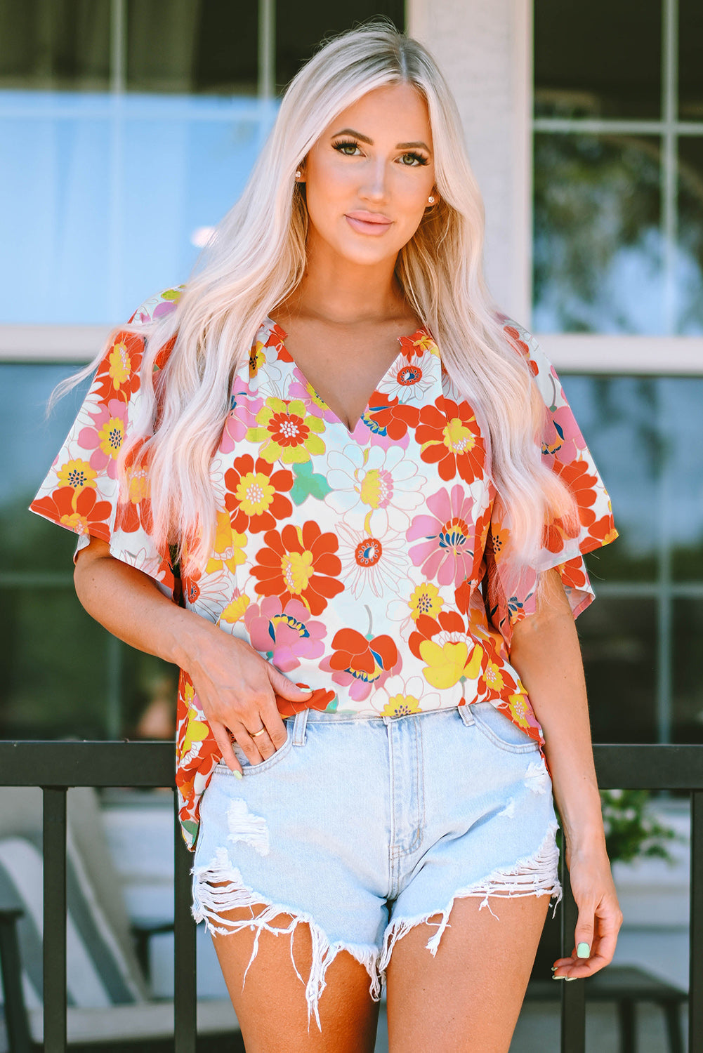 Women's Blouse with Half Sleeve Abstract Print V Neck