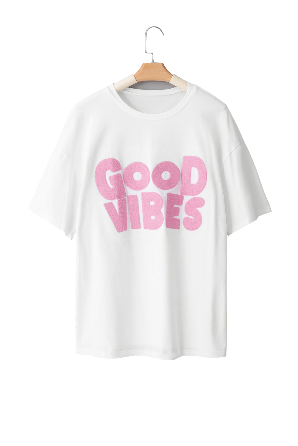 T-shirt blanc à col rond brodé en chenille GOOD VIBES