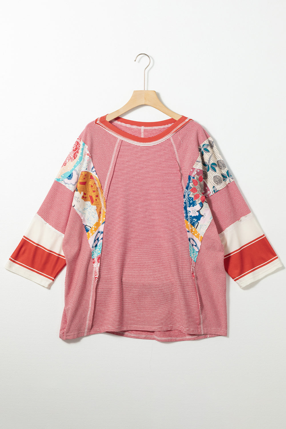 Pinstriped Color Block Patchwork Oversized Top