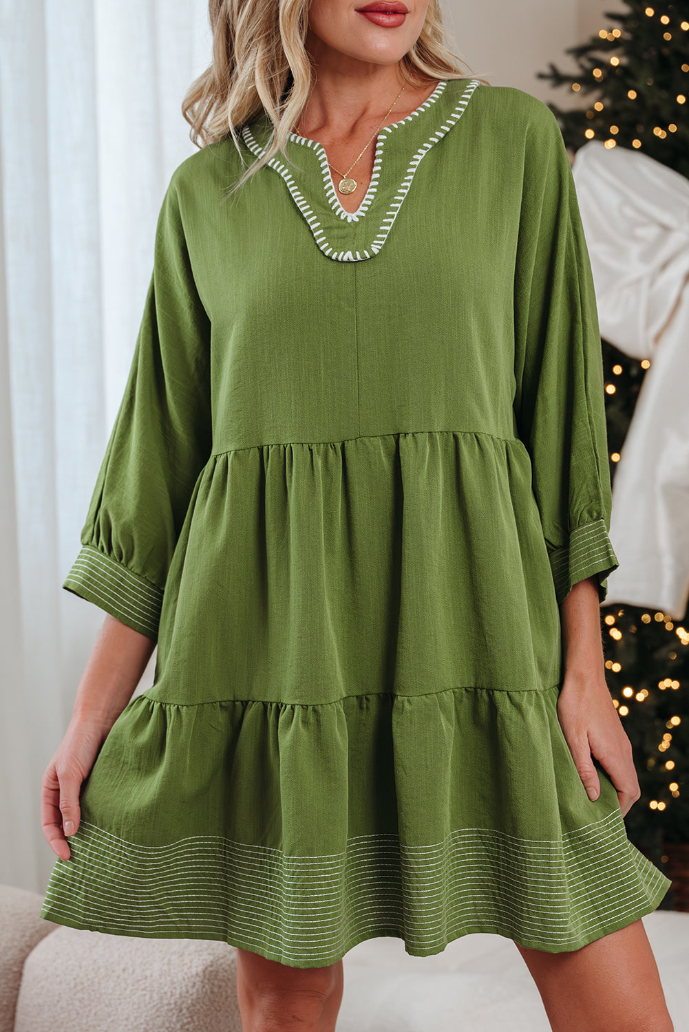 Contrast Stitched V-Neck 3/4 Sleeve Tiered Mini Dress