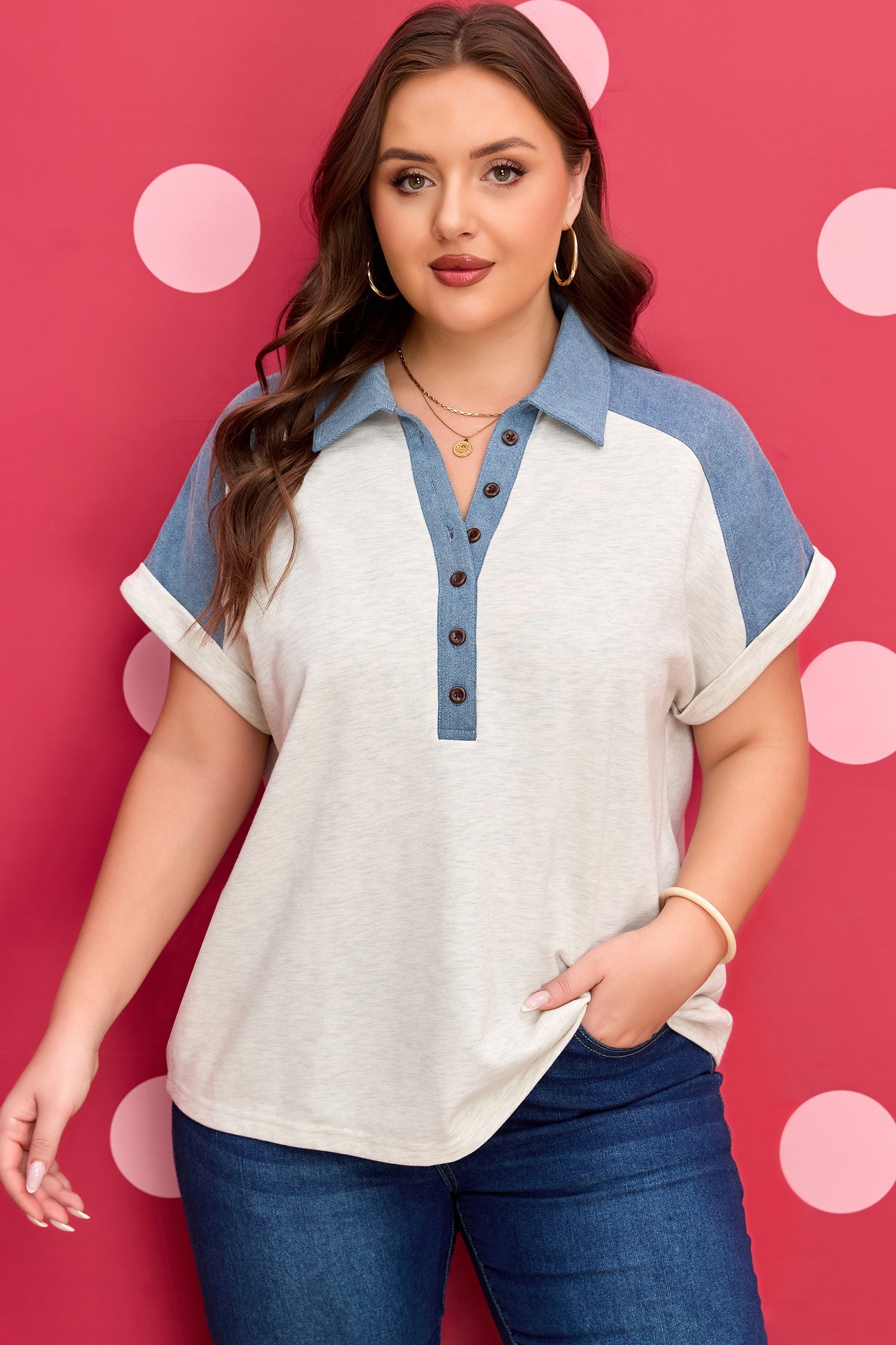 Plus Denim Size Contrast Patchwork Cuffed Sleeve Polo Tee in Beige