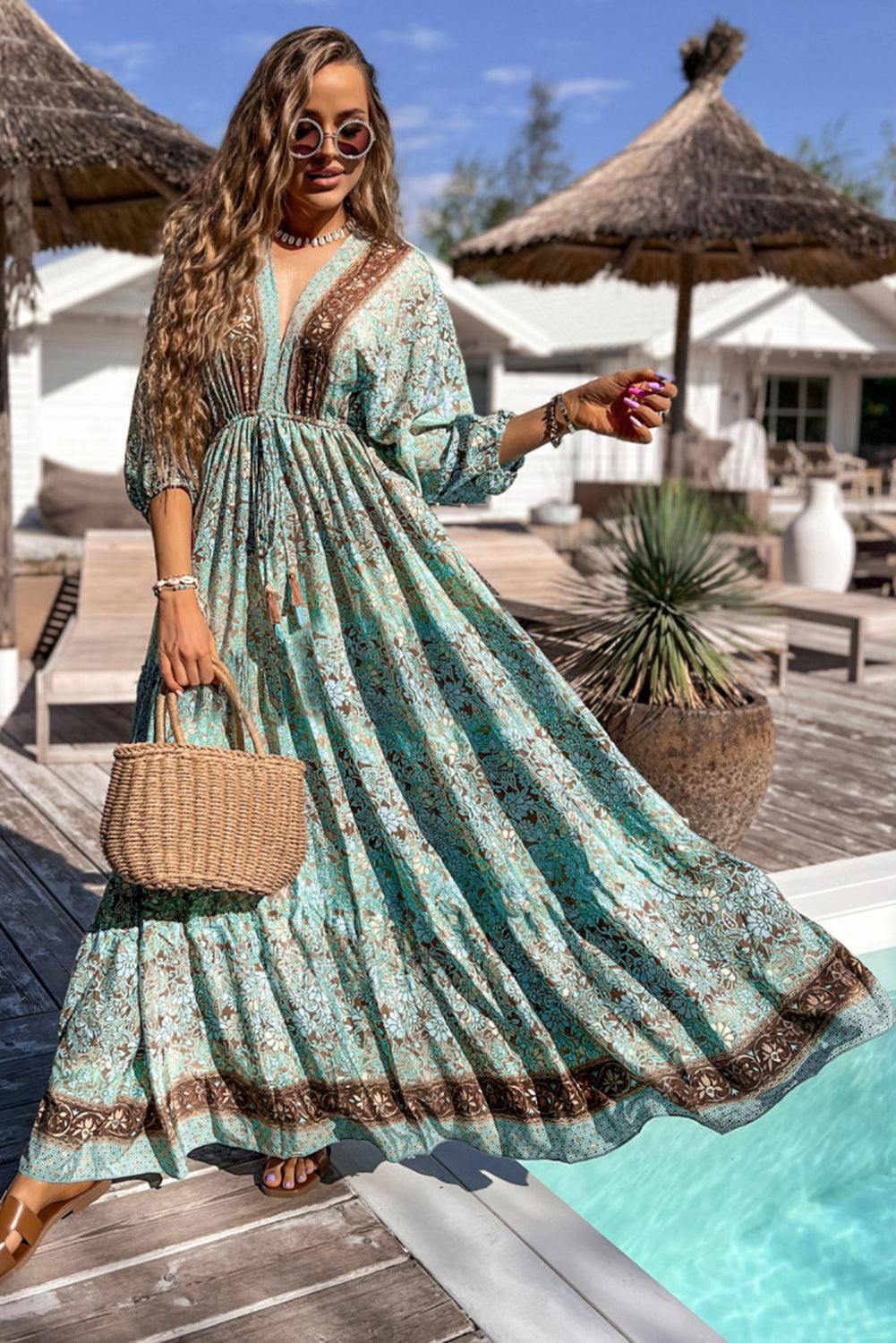 Green Boho Floral Print Lace-up Open Back Maxi Dress