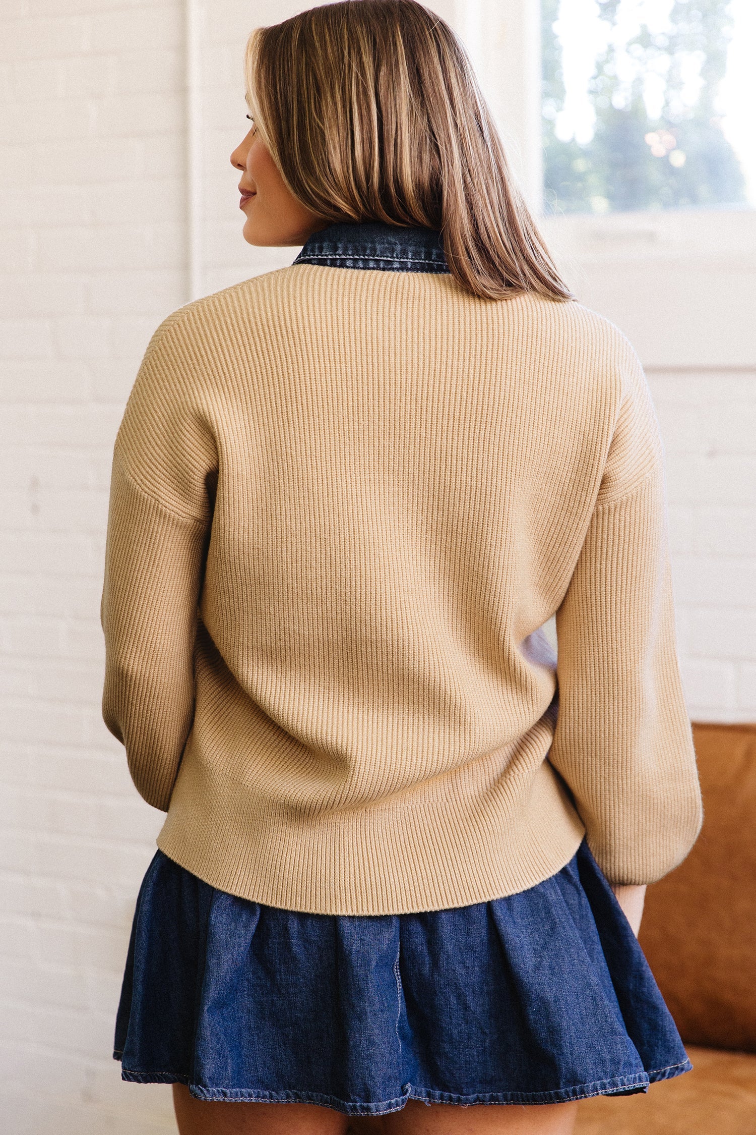 Shirt Placket Paneling Collar Long-Sleeved Cardigan in Parchment